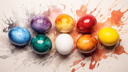 Colorful easter eggs in watercolor paint splashes on white backgroundの素材