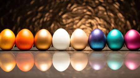 Colorful easter eggs on a wooden table with bokeh backgroundの素材