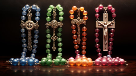 Beads and cross on a dark background. Christian symbols.の素材