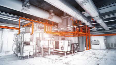3d rendering interior of a modern factory with pipes and equipment.の素材