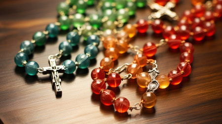 Colorful rosary beads on wooden background. Shallow depth of field.の素材
