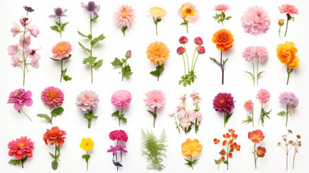 Flowers composition. Colorful flowers on white background. Flat lay, top viewの素材