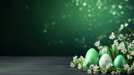 Easter eggs and spring flowers on dark wooden background with bokeh effectの素材