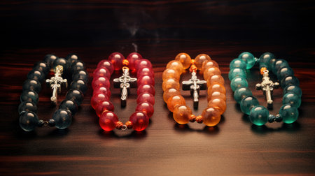 Beads with rosary beads and cross on wooden backgroundの素材