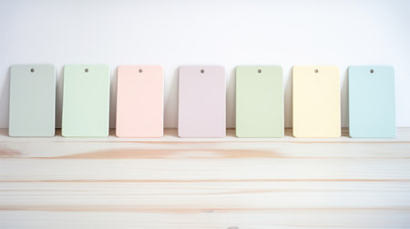 Blank price tags on wooden background, vintage tone, selective focusの素材