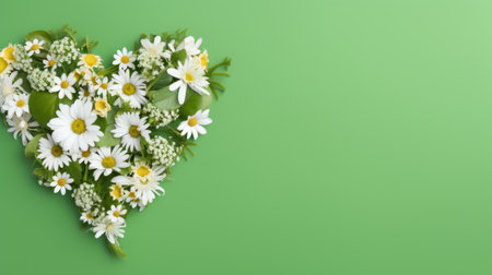 Heart made of daisies on a green background with copy spaceの素材