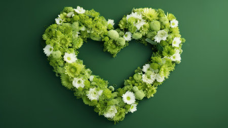 Heart made of flowers on a green background with space for text.の素材