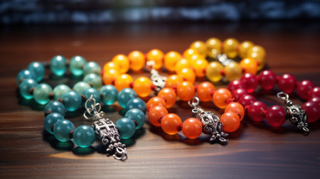 Colorful beads on wooden background. Selective focus. Toned.の素材