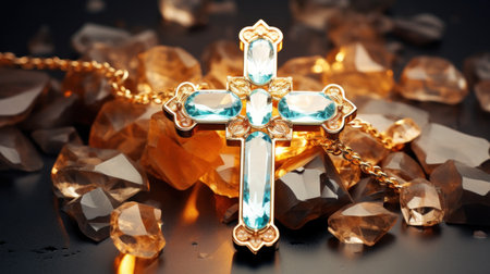 jewelry brooch with a cross on a black background.の素材
