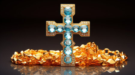 jewelry ring with precious stones and cross on a black backgroundの素材