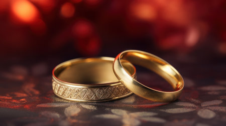 wedding rings on a red background with bokeh effectの素材