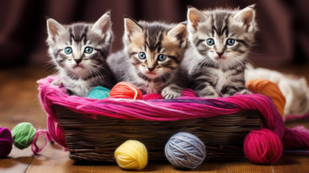 Three kittens in a basket with balls of yarn on a wooden backgroundの素材