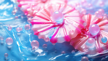 Macro shot of blue and pink water drops, abstract background.の素材