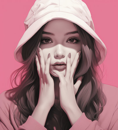 Portrait of a beautiful young woman in a pink coat and white hatの素材