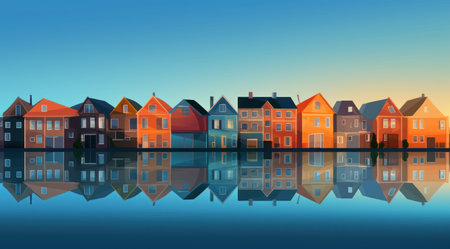 Illustration of a row of houses reflected in the water at sunsetの素材