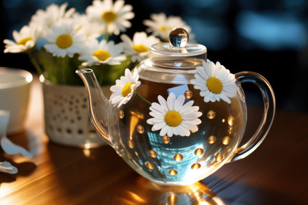 Glass teapot with chamomile flowers on wooden tableの素材