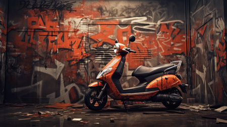 Orange scooter on the background of a wall with graffiti. Retro style.の素材