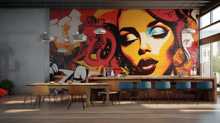 Interior of modern cafe with red and yellow walls, wooden floor, long wooden table with blue chairs and colorful graffiti on the wall. 3d renderingの素材