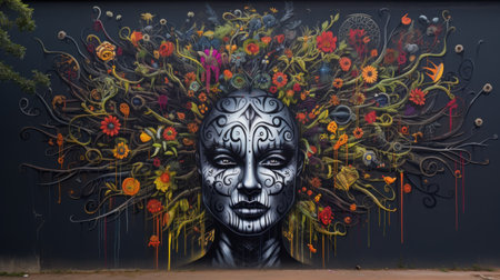 Graffiti in the form of a human face with flowers and butterfliesの素材