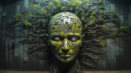 3D rendering of a green alien face with tree roots in the backgroundの素材