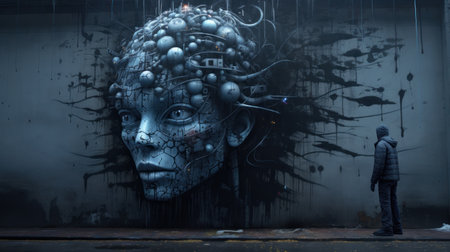 Graffiti on the wall of a building with a man in the backgroundの素材