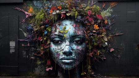 Beautiful woman face with floral wreath painted on her face.の素材