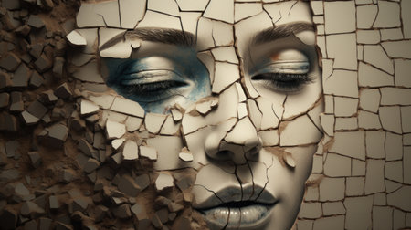 Beautiful young woman with creative make-up and cracked wall backgroundの素材