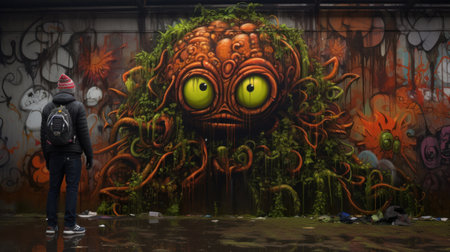 Man looking at the monster in the graffiti wall. 3d renderingの素材