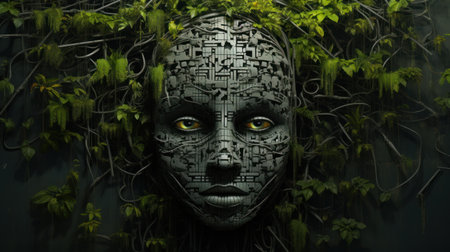 3D rendering of a fantasy alien face in a green forest.の素材