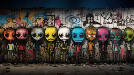 Graffiti wall with a group of human skulls painted in different colorsの素材