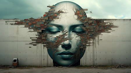 3d illustration of a female face behind a wall with broken bricksの素材