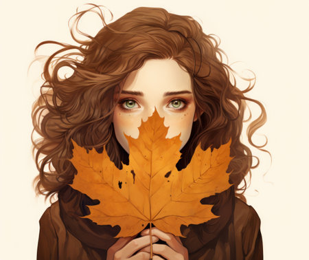 Portrait of beautiful young woman with autumn leaves. Vector illustration.の素材