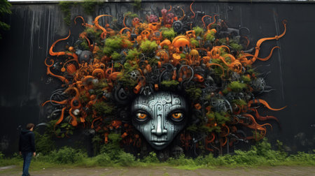 Fantasy alien face in front of a graffiti wall. Conceptual artの素材