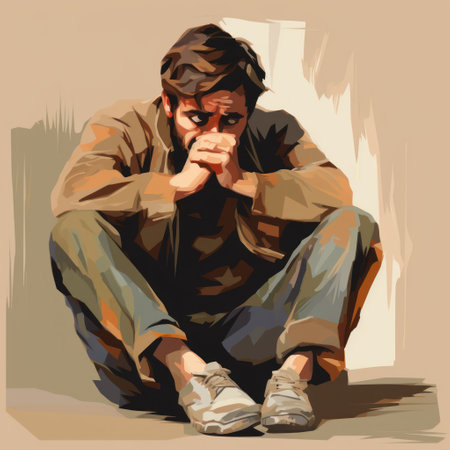 Man sitting on the ground and thinking about something. Vector illustration.の素材