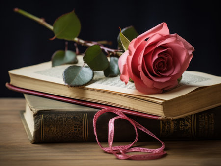 pink rose and old books on wooden table, soft focus backgroundの素材