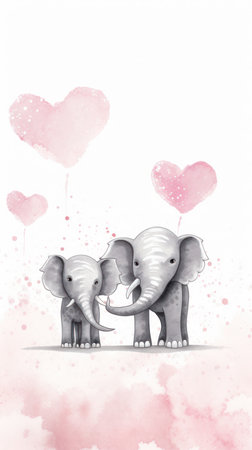 Two cute elephants in love with hearts. Watercolor illustration. Valentine's day.の素材