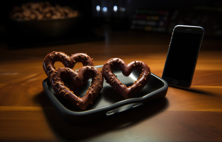 Two heart-shaped pretzels on a plate with a smartphone in the backgroundの素材