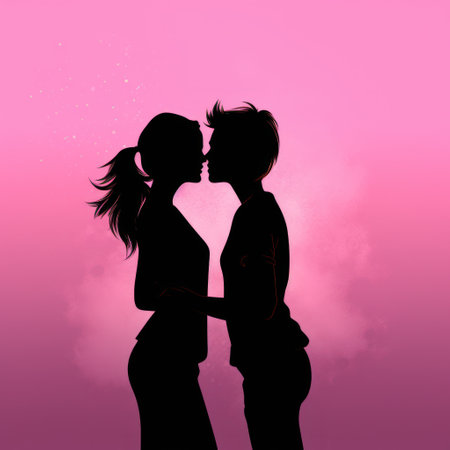 Silhouette of a man and woman in love on a pink backgroundの素材