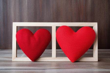 Two red hearts on wooden background. Valentine's day concept. Copy space.の素材