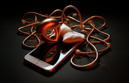 Smartphone with headphones on a black background. The concept of musicの素材
