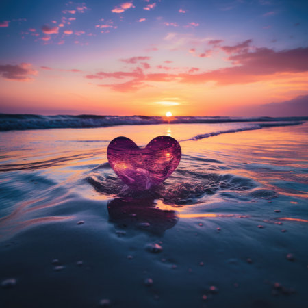 Heart shape on the beach with sunset background. Love and Valentine's day concept.の素材