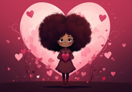 Cute african american girl with big heart. Vector illustration.の素材