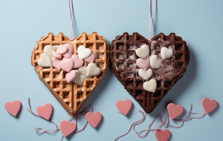 Heart shaped waffles with marshmallows and hearts on blue backgroundの素材
