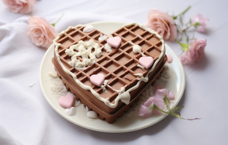 waffle with cream and pink hearts on a white plate on a white backgroundの素材
