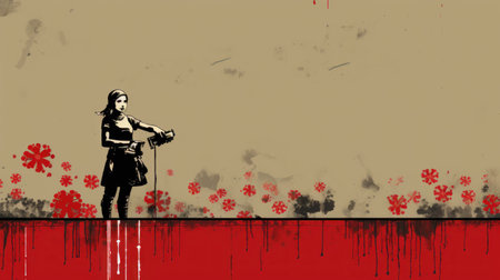 Grunge illustration of a girl with a gun in her handの素材
