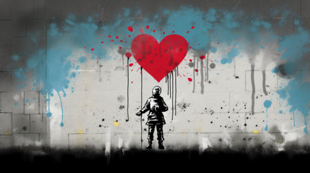 Image of astronaut standing on background of wall with red heart in handsの素材