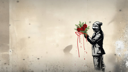 Image of man with bouquet of roses in hand against wall backgroundの素材
