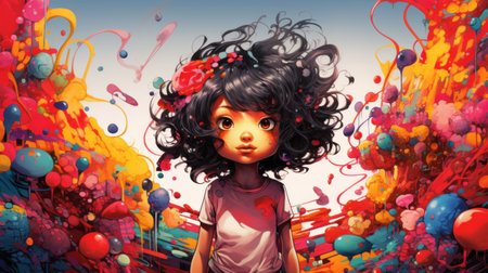 3d illustration of a little girl with a hairstyle and colorful backgroundの素材