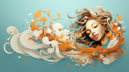 Beautiful girl with hair flying in the wind. Vector illustration.の素材
