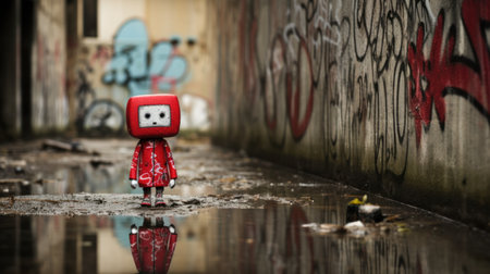 Abandoned doll in the middle of a puddle with graffitiの素材